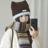 Gorro de Punto con Orejas de Gato y Bloques de Color Dulce y Lindo para Mujer Otoño Invierno Cálido Adelgazante Facial Sombrero de Lana Turbante Sombrero para Clima Frío