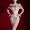 Vestido strapless Xiyue "Misterio Floral" sexy para mujer madura, ultradelgado, brillante, con encaje sexy, transparente, sedoso, bodycon para discoteca