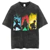 Tamanho Europeu Transfronteiriço Camiseta Masculina de Manga Curta Lavada Vintage Desenho Animado Anime Estilo Dark High Street Europeu e Americano Camiseta Curta Masculina