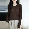 Blusa de tricô com recorte estilo minimalista francês de manga longa para mulheres, gola redonda, suéter de manga longa com listra vertical texturizada, peça de outer wear de alta qualidade