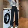 Calça Jeans Wide Leg Preta para Mulheres 2025 Novo Outono e Inverno Retrô Cintura Alta Pequena Solta Slim Reta