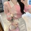 POLO Gola 2024 Verão Suéter de Manga Curta Feminino Azul Curto Novo Estilo Hong Kong Fino Ajustado Top Redutor de Idade para Mulheres