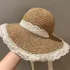 Sombrero de Paja de Playa con Ala Ancha para Mujer, Estilo Vacaciones de Verano, Sombrilla, Ala Ancha, Sombrero de Playa con Borde Floral, Sombrero de Protección Solar