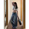 Jeans curvos de tiro alto lavados estilo retro americano para mujer, nuevo diseño primavera-verano, corte holgado, adelgazantes, pierna ancha, pantalones de largo hasta el suelo