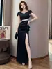 Vestido Formal para Registro, Adecuado para Uso Diario, Cuello en V, Blanco, Petite, Gama Alta, Corte Ajustado, Vestido de Noche con Abertura