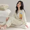 Conjunto de Pijama de Algodão Feminino, Primavera/Outono, Estilo Desenho Animado Fofo Doce, Manga Longa, Solto, Pode Ser Usado Fora, Conjunto de Roupa de Casa Feminino