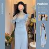 Vestido infantil romântico francês, delicado, com mangas voadoras, azul, floral, verão 2025, novo vestido de férias à beira-mar