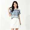 Camiseta Feminina Casual Estilo T Verão Primavera Transfronteiriça Europeia e Americana Temperamento Gola Redonda Sensação Fresca Manga Curta Estampa Tie-dye Listras Manga Curta Solta