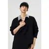 Camiseta de outono gola V ombro normal lapela xadrez pied-de-poule polo de manga comprida masculina folgada estilo americano camada interna camisa base moletom