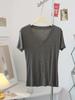Camiseta feminina de verão Lyocell Tencel com decote em V e manga curta, slim fit, clavícula exposta, base fina de cor sólida, para todos os gostos