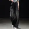 Calça Larga com Gradiente Preto e Cinza, Brilhantes de Strass, Cintura Alta com Cordão, Processo de Lavagem 2026, Jeans Versátil Emagrecedor Comprimento Total