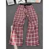 Pantalones Cuadros Rojos Estilo Retro Americano para Hombres y Mujeres, Nuevo Estilo de Verano, Pantalones Cuadros Plisados Bloque de Color, Pantalones Largos Casuales de Pierna Recta