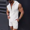 Moda Nova 2025 Conjunto com Capuz Masculino Camiseta com Zíper Colete Sem Manga Xadrez Shorts Conjunto Casual Masculino de Duas Peças