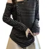 Camiseta Vintage de Manga Longa Plus Size para Mulheres, Novo Estilo de Verão, Ajuste na Cintura, Emagrecedor, Estampa Listrada, Ombro a Ombro, Peça de Roupa Externa