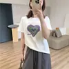 Camiseta Juvenil Estilo Coreano com Estampa de Coração Degradê, Gola Redonda, Mistura de Algodão, Manga Curta Casual, Caimento Relaxado, Top Versátil de Verão