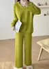 Suéter Holgado Casual de Punto Transfronterizo de Comercio Exterior Traje de Otoño e Invierno para Mujer 2025 Nuevo Estilo Cuello Polo Pantalones de Pierna Ancha Conjunto de Dos Piezas