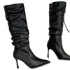 Botas Sexy Europeas y Americanas de Tacón Alto Fino con Punta Fina, Botas hasta la Rodilla Plisadas Adelgazantes, Botas Altas de Caballero por Encima de la Rodilla para Mujer