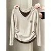 Camiseta de Manga Larga con Bloques de Color, Cintura Ceñida Estilo Coreano para Adelgazar, Falso Dos Piezas para Mujer, Otoño, Tacto de Alta Gama, Capa Interior de Algodón Puro, Top Básico