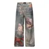 69813 Retro Americano Unisex Lavado Diseño de Estampado de Dibujos Animados 3D High Street Jeans Holgados de Pierna Ancha para Hombre