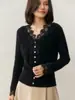 Cárdigan Corto de Encaje Suéter Chaqueta Otoño e Invierno Cárdigan de Cachemira para Mujer Cuello de Montaña Tejido de Punto Mangas Largas