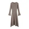 Vestido Largo de Punto Trenzado 100% Lana para Mujer, Cuello Redondo, Manga Larga, Jersey, Casual, Versátil Vestido de Cachemira de Corte A