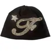 Novo Produto para Sites Independentes Transfronteiriços: Chapéu Tricotado Preto Tendência com Estrela de Strass e Decoração Curva, Chapéu Estilo Rua, Disponível para Dropshipping