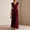 Comercio Exterior Transfronterizo Sitio Independiente de Ropa para Mujer Amazon Color Sólido Plisado Manga Corta Cuello en V Volante Vestido Largo Vestido de Gala