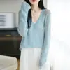 Cárdigan de punto de lino calado con protección solar y cuello en V, nuevo y elegante top fino de color liso para mujer en verano