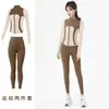 Conjunto de Yoga Transfronterizo para Mujer de Primavera y Otoño, Chaqueta de Manga Larga con Cuello Alto y Bloques de Color, Conjunto de Pilates y Fitness de Cintura Alta para Cadera de Durazno