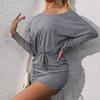 Bai Fen Zhi Yi Comercio Exterior 2025 Nueva Ropa Europea y Americana para Mujer Transfronteriza Manga Larga Manga Murciélago Color Sólido Vestido de Otoño