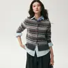 Cardigan de Tricô Fair Isle Moderno para Mulheres, Outono/Inverno Espessado Gola Redonda Listrado Estilo Étnico Casaco Suéter
