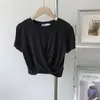 Camiseta Corta de Modal con Nudo para Mujer Verano Distintiva Delgada que Muestra el Ombligo Manga Corta Color Sólido Top Delgado para Mujer Camiseta Adelgazante