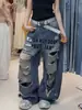 Jeans rasgados de estilo 'hot girl' retro americano con estampado de letras, pantalones de verano finos, holgados, versátiles y de longitud completa