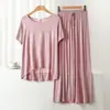 Roupa de Casa Verão Novo Modal Gola Redonda Manga Curta Calça Wide Leg Solta Plus Size Moda Casual Conjunto para Mulheres