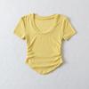 Camiseta ajustada de manga corta con cuello en U, ala ancha y estilo retro europeo y americano para mujer, con pliegues laterales, cintura de hormiga y borde de arco, manga corta
