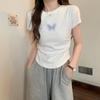 Camiseta de Hombro Dulce y Picante Estampada de Manga Corta para Mujer 2024 Nuevo Verano Corta Ajustada Ajustada Interior Camiseta Top