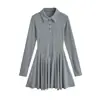 Estilo Academia Vintage Polo Lapela Slim-fit Slim-fit Cinza vestido Feminino Outono Cintura Americana Linha A Saia Plissada