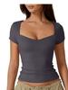Camiseta de Manga Corta con Cuello en Forma de Corazón para Mujer, Color Sólido, Corte Ajustado, Estilo Básico, Crop Top de Moda, Amazon Transfronterizo
