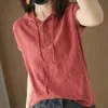 Estilo novo de verão, top sem mangas de malha de algodão puro, com três botões, bainha enrolada e capuz, camiseta solta estilo coreano, decote V semiaberto, roupas femininas
