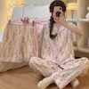 Pijama de Algodão Estilo Ins Moda Estampa de Leopardo Coração Nuvem Feminina Verão Manga Curta Roupa de Casa Conjunto de Três Peças Foto Real Atacado