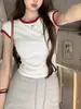 Camiseta de Manga Corta Bordada con Lazo para Mujer Verano Nuevo Estilo Dulce y Hot Ajustada Adelgazante Borde en Color de Contraste Top Chic para Mujer Ins