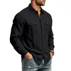 Website independente transfronteiriço: Camisa masculina de linho lisa para outono com colarinho mandarim, estilo casual de trabalho, com bolsos e design de abertura total frontal