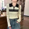 [Qualidade Tmall] Elegante suéter de malha com zíper, gola polo color block e mangas compridas para mulheres, novo estilo outono slim fit
