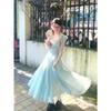 Vestido longo de fada romântico elegante menta, férias, francês, novo, verão, pequeno, manga voadora, cintura fresca, saia, vestido