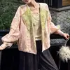 Nueva Chaqueta Corta Jacquard de Bloques de Color Estilo Chino para Mujer Solapa Manga de Linterna Holgada Cárdigan Estilo Chino Retro Delgado Ropa de Abrigo