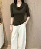 Camiseta de manga tres cuartos 260g Lyocell lana para mujer, corte ajustado, top de cuello caído, suministro exclusivo mayorista de verano
