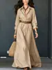 Vestido Camisa de Algodón y Lino Transfronterizo Otoño 2026 para Mujer, Cuello Camisero, Mangas Largas, Ceñido a la Cintura con Cinturón, Vestido Largo para Vacaciones