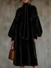 Vestido Longo de Veludo com Gola Alta Retro e Mangas Longas com Amarração - Moda Feminina Europeia e Americana 2026 - Estação Independente Amazon - Desenvolvido pela Annu