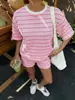 Verão 2026 Novo Amazon Europeu e Americano TK Roupas Femininas Gola Redonda Patchwork Manga Curta Shorts Moda Casual Conjunto de Duas Peças