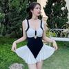 Maiô estilo coreano feminino preto e branco contraste justo slim sling sem mangas saia de primavera quente maiô com bojo